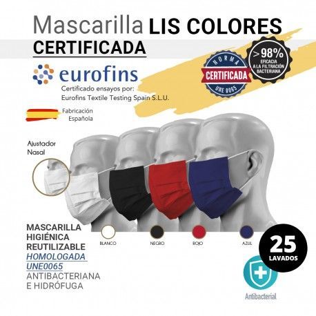 MASCARILLA HIGIÉNICA LIS COLORES LISOS 901 CERTIFICADA/HOMOLOGADA 