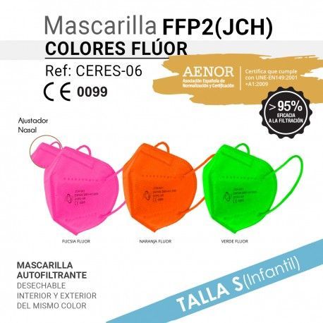 MASCARILLA INFANTIL AUTOFILTRANTE FFP2 COLORES FLÚOR CERES TEXTIL Y PUBLICIDAD