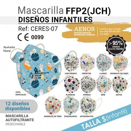 MASCARILLA INFANTIL AUTOFILTRANTE FFP2 JCH DISEÑOS INFANTILES PROTECCION  CERES TEXTIL Y PUBLICIDAD