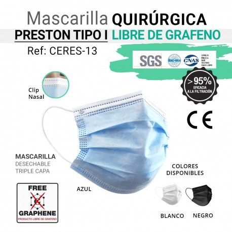 MASCARILLA PRESTON QUIRÚRGICA TIPO I LIBRE DE GRAFENO