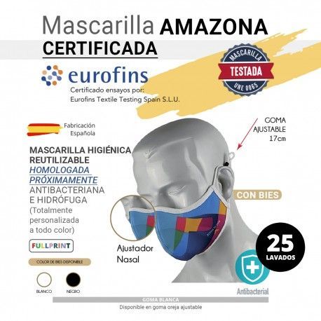 MASCARILLA HIGIÉNICA  AMAZONA CON BIES CERTIFICADA/HOMOLOGADA NORMA EUROPA CWA17553