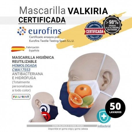MASCARILLA VALKIRIA PERSONALIZABLE Y REUTILIZABLE TESTADA POR LABORATORIO ACREDITADO SEGUN BOE NUM.37
