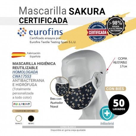 MASCARILLA SAKURA CON BIES PERSONALIZABLE Y REUTILIZABLE TESTADA POR LABORATORIO ACREDITADO SEGUN BOE NUM.37